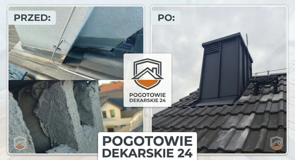Przeciek komina - gmina Żurawina. Komin o skomplikowanym kształcie i źle zrobionej obróbce. Kształt został uproszczony, układ kanałów wentylacyjnych poprawiony przez przebicie ich na wylot. Udało się usunąć przeciek i polepszyć działanie wentylacji grawitacyjnej.